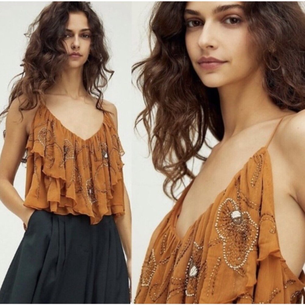 Free People Rust Orange Ruffled Lace-Back Cami - Picture 5 of 7